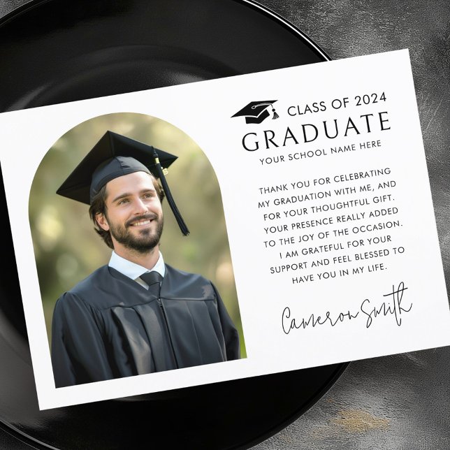 Elegant Arch, klassisk vit fotohatt studenten Tack Kort (Elegant arch classic white photo cap graduation thank you card)