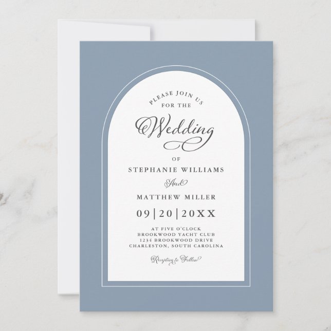 Elegant Arch Modern Calligraphy Bröllop Dusty Blue Inbjudningar (Framsida)
