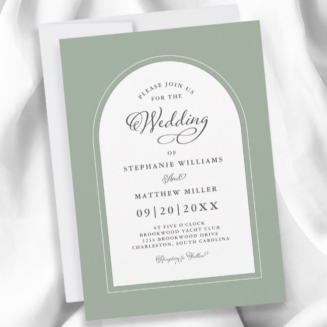 Elegant Arch Modern Calligraphy Bröllop Sage Grönt Inbjudningar (Elegant Arch Modern Calligraphy Wedding Sage Green Invitation)