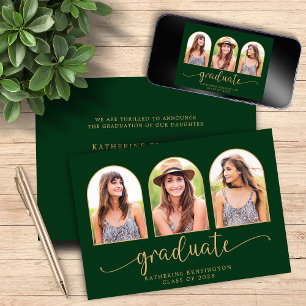 Elegant Arch Mörk grönt Guld 3 Photo Studenten Inbjudningar