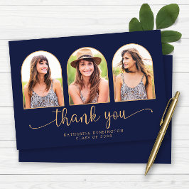 Elegant Arch Navy Blue Guld 3 Photo Studenten Tack Kort