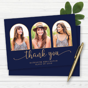 Elegant Arch Navy Blue Guld 3 Photo Studenten Tack Kort