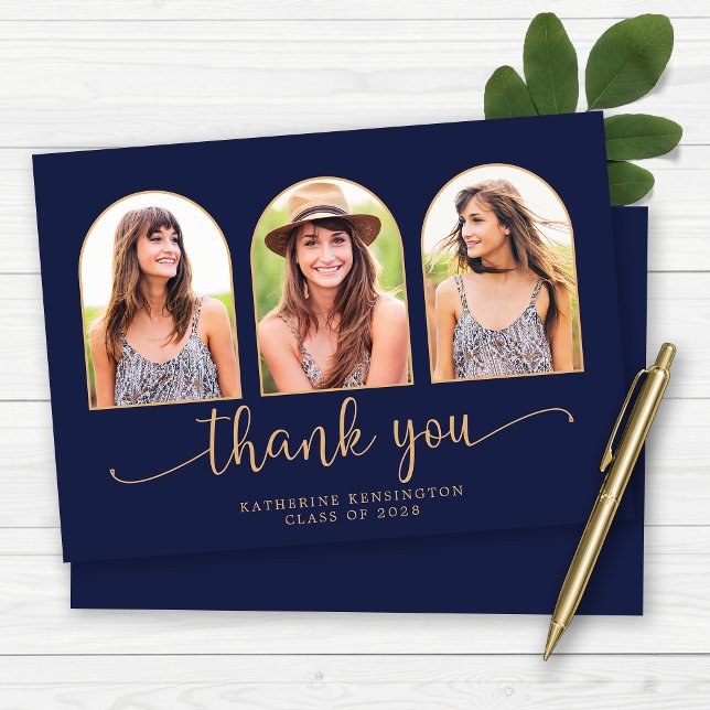 Elegant Arch Navy Blue Guld 3 Photo Studenten Tack Kort (Elegant Arch Navy Blue Gold 3 Photo Graduation Thank You Card)