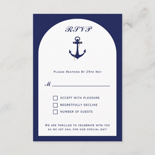 Elegant Arch Navy & White Marin Bröllop Svarskort  Tilläggskort (Framsida)