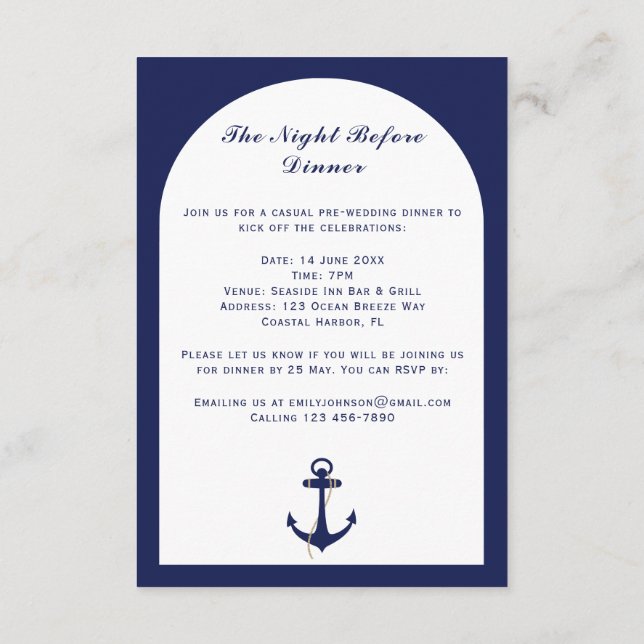 Elegant Arch Navy & White Marin Bröllopsdetaljer Tilläggskort (Baksida)
