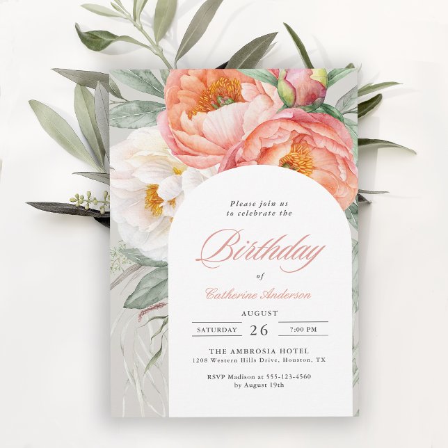 Elegant Arch Persika Blommig Födelsedag Inbjudningar (Invitation may be ordered in both printed and digital formats.)