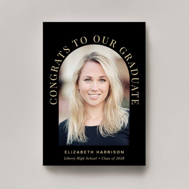 Elegant Arch Photo Black Guld Studenten Meddelande (An elegant arch photo graduation announcement to celebrate the graduate's achievements)