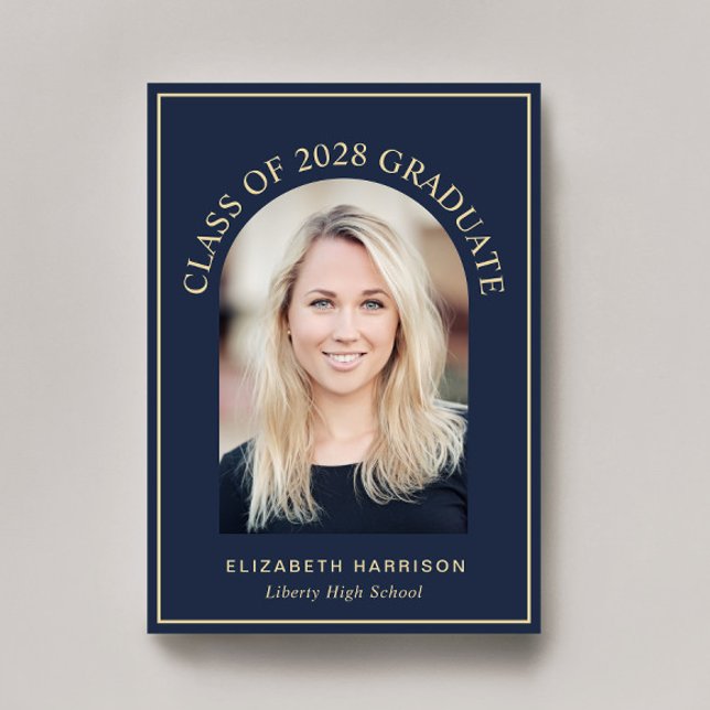 Elegant Arch Photo Blue Guld Studenten Meddelande (An elegant arch photo graduation announcement to celebrate the graduate's achievements)