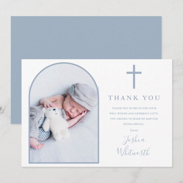 Elegant Arch Photo Dusty Blue Baptism Tack Kort (Fram/baksida)