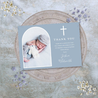 Elegant Arch Photo Dusty Blue Baptism Tack Kort