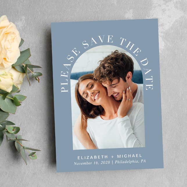 Elegant Arch Photo Dusty Blue Spara Datumet (Celebrate your love story with a save the date showcasing your photo in an elegant arch frame)