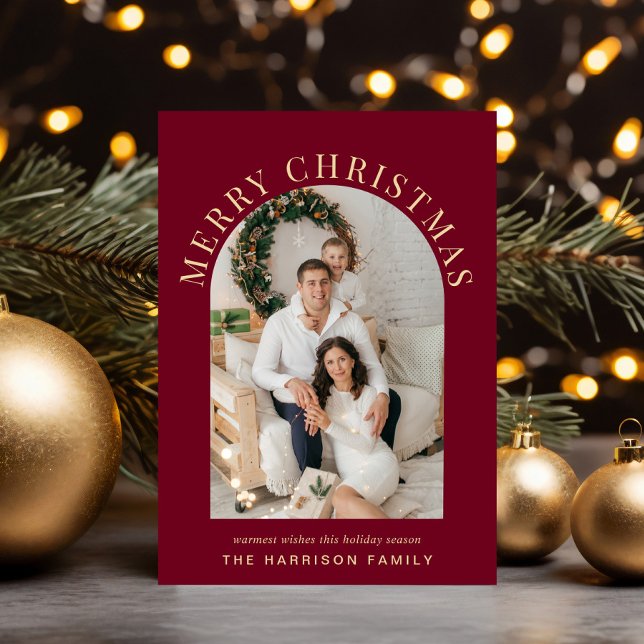 Elegant Arch Photo God jul Burgundy Julkort (Share the love and warmth of the season with an elegant arch photo Christmas card)