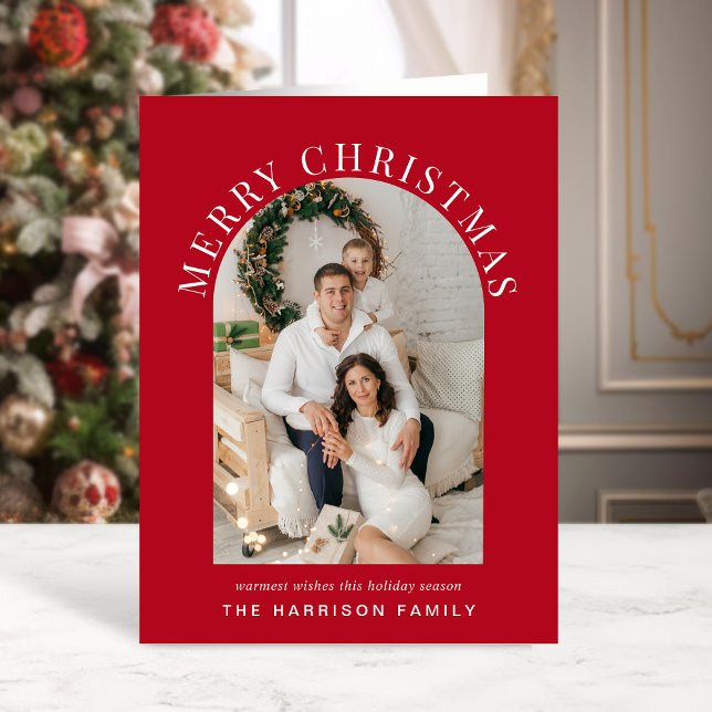 Elegant Arch Photo God Jul Röd Helgkort (Share the love and warmth of the season with an elegant arch photo Christmas card)
