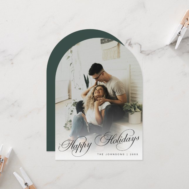 Elegant Arch Photo Green Christmas Holiday Card Inbjudningar (Fram/Back In Situ)