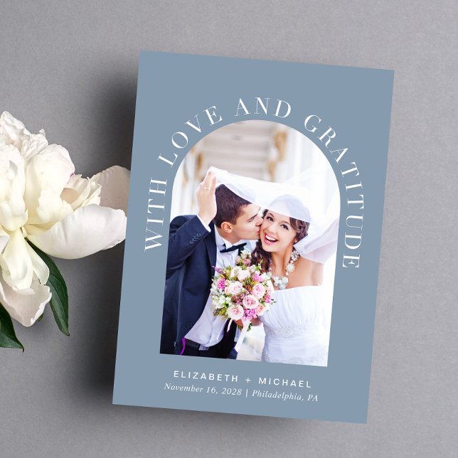 Elegant Arch Photo Kärlek Gratitude Bröllop Tack Kort (Celebrate your love story with a thank you card showcasing your photo in an elegant arch frame)