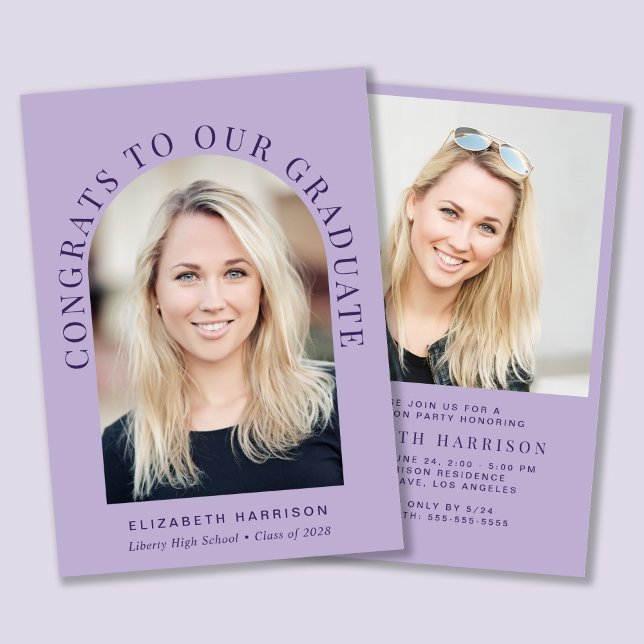 Elegant Arch Photo Lavender Studentfest Inbjudningar (An elegant arch photo graduation party invitation to celebrate the graduate's achievements)