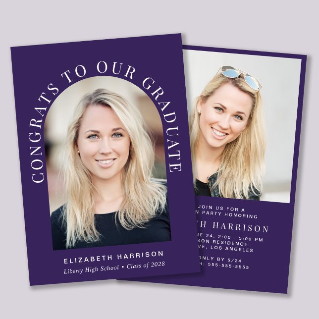 Elegant Arch Photo Lila Studentfest Inbjudningar (An elegant arch photo graduation party invitation to celebrate the graduate's achievements)