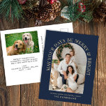 Elegant Arch Photo Merry Bright Blue jul Helg Vykort<br><div class="desc">Elegant blått julkort med ditt foto i en båge ram omgiven av "May Your Days Be Merry & Bright" i klassisk guld serif-typografi och ditt namn i enkel guld-typografi. På baksidan lägger du till ytterligare ett foto och anpassar din Julhälsningar till familj och vänner.</div>