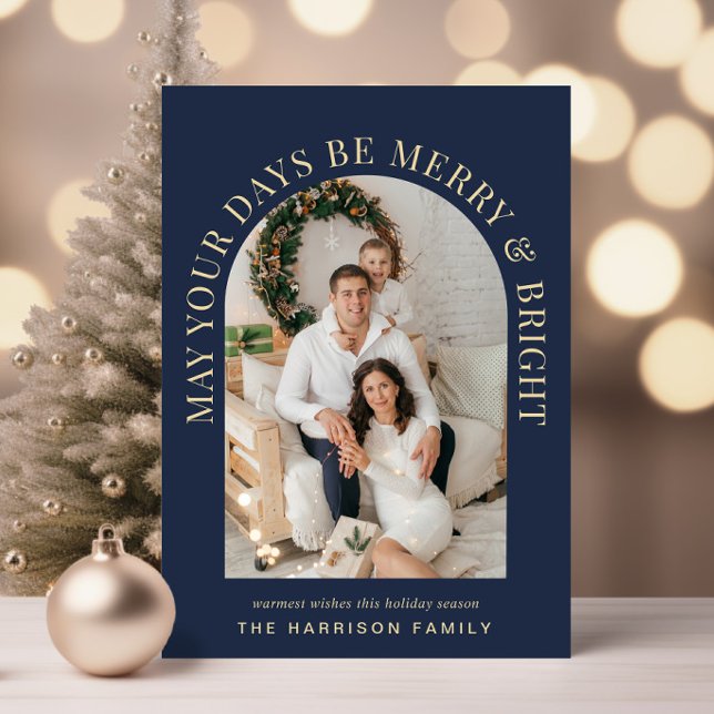 Elegant Arch Photo Merry Bright Blue jul Julkort (Share the love and warmth of the season with an elegant arch photo Christmas card)