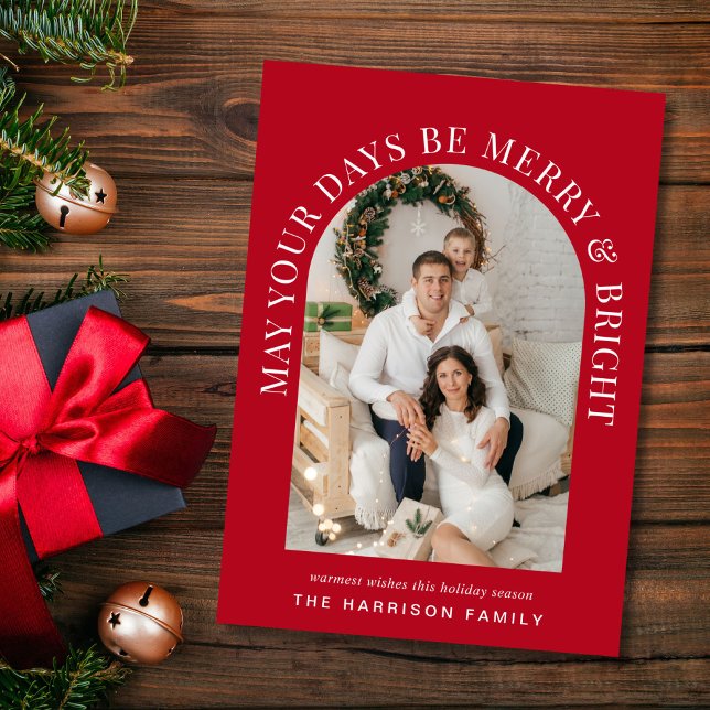 Elegant Arch Photo Merry Bright Red jul Julkort (Capture the essence of the holiday season and share the warmth of your love and laughter)