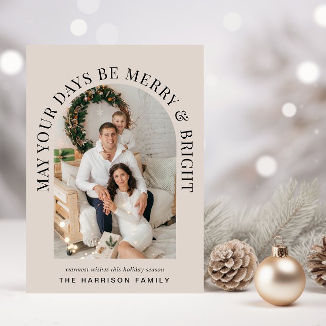 Elegant Arch Photo Merry Bright Taupe-jul Julkort (Share the love and warmth of the season with a personalized elegant arch photo Christmas card)