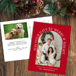 Elegant Arch Photo Merry och Bright Red God Jul Helg Vykort<br><div class="desc">Modern röd julvykort med ditt foto i en båge ram omgiven av "May Your Days Be Merry & Bright" i elegantens vita typografi och ditt namn i enkel vit typografi. På motsatt sida lägger du till ytterligare ett foto och anpassar din Julhälsningar.</div>