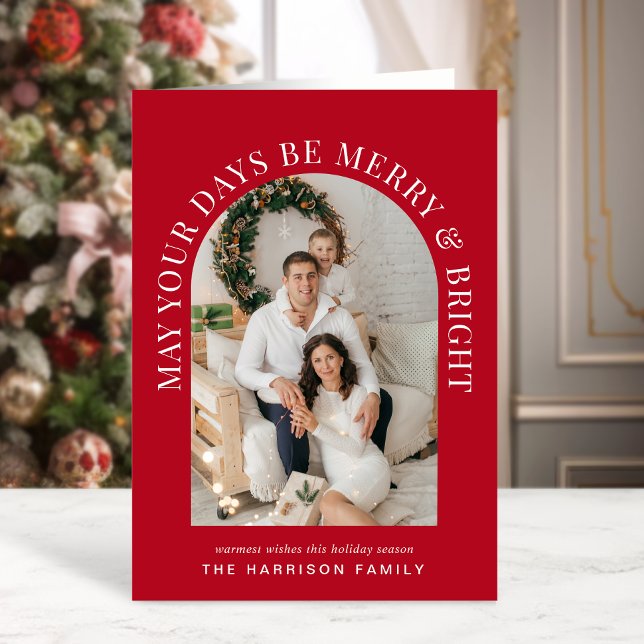 Elegant Arch Photo Merry och Bright Red God Jul Kort (Share the love and warmth of the holiday season with a personalized arch photo Christmas card)