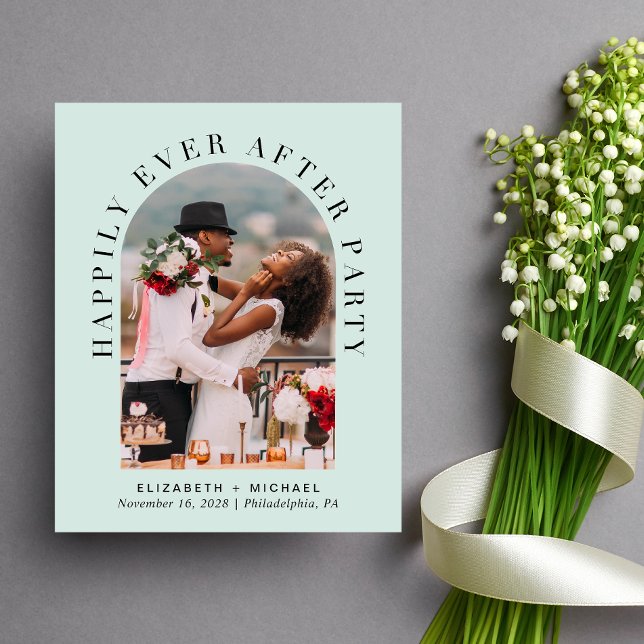 Elegant Arch Photo Mint Wedding Reception Inbjudan (Celebrate your love story with an invitation showcasing your favorite photo in an elegant arch frame)