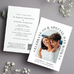 Elegant Arch Photo QR-kod allt i en Bröllop Inbjudningar<br><div class="desc">Modern bröllopsinbjudan med ditt foto i en bågformig ram omgiven av "fira vår Speciella dag med oss" i elegantens typografi. Under fotot lägger du till ditt första namn, bröllop-datum och plats. Anpassa din inbjudan i enkel typografi och ange adress på webbplatsen bröllop för att skapa en skannerbar QR-kod så att...</div>