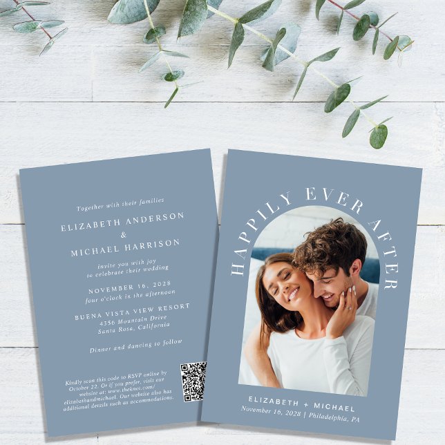 Elegant Arch Photo QR-kod Dusty Blue Bröllop Inbjudningar (Celebrate your love story with an invitation showcasing your favorite photo in an elegant arch frame)