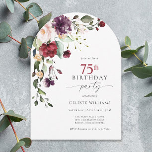 Elegant Arch Red and Lila Blommigt 75:e Birthday Inbjudningar