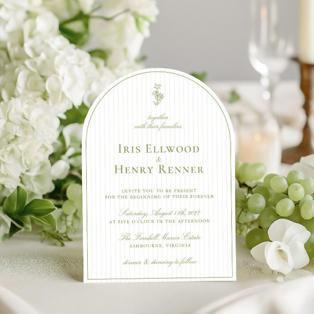 Elegant Arch Sage Grönt & Beige Rand Bröllop Inbjudningar (Elegant Arch Sage Green & Beige Stripe Wedding Invitation)