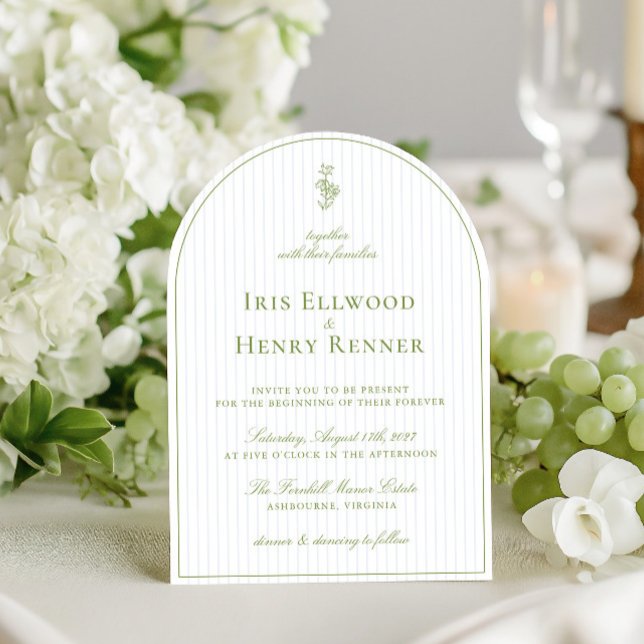 Elegant Arch Sage Grönt & Blue Rand Bröllop Inbjudningar (Elegant Arch Sage Green & Blue Stripe Wedding Invitation)