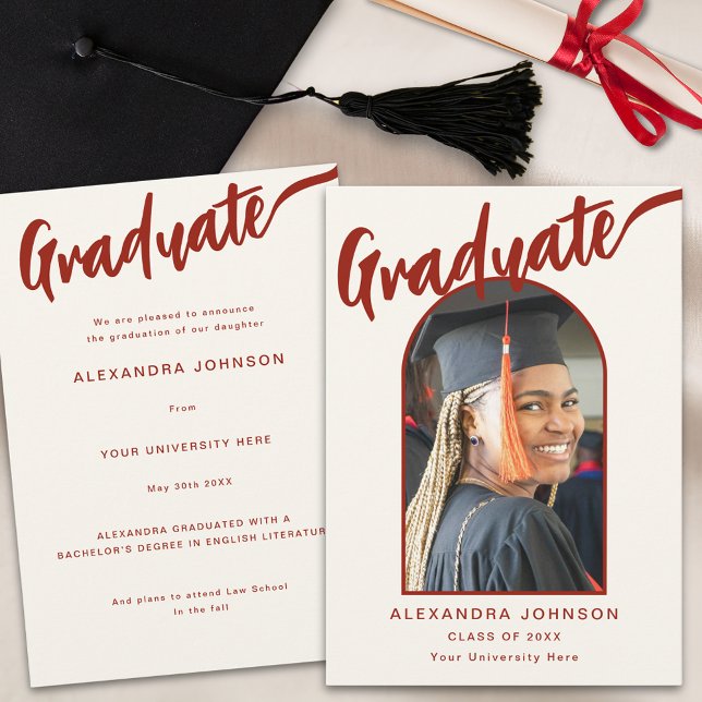 Elegant Arch Student Photo Burnt Orange-skript Meddelande (Elegant graduate photo arch burnt orange calligraphy script graduation announcement card)