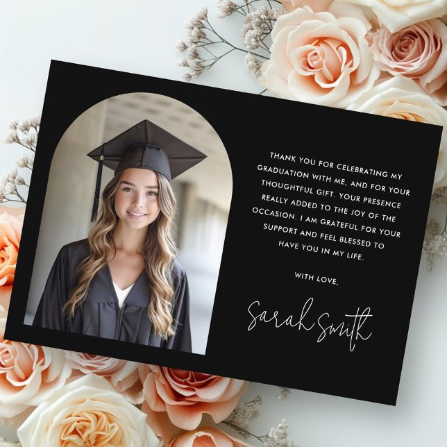 Elegant Arch, vanlig svart foto studenten Tack Kort (Elegant arch simple classic black photo graduation thank you card)