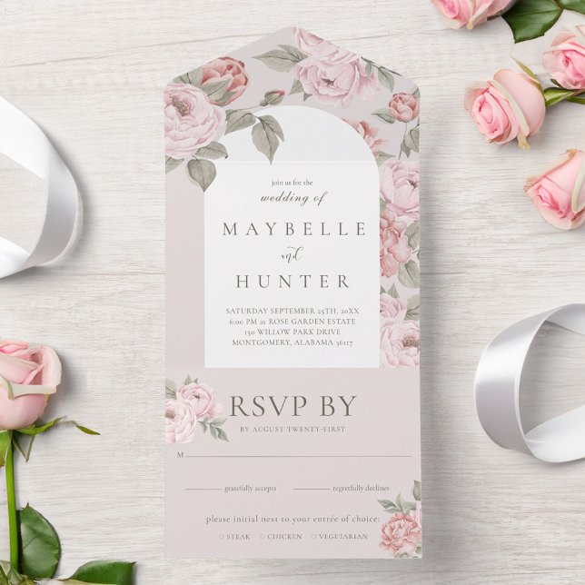 Elegant Arch Watercolor Rosa Peony Blommigt Blomma (Elegant Arch Watercolor Pink Peony Floral Blossom All In One Invitation)