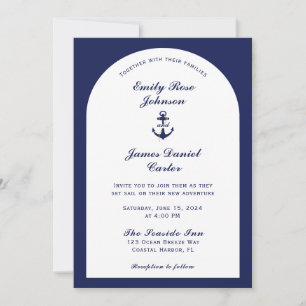 Elegant Arch White & Navy Blue Nautical Bröllop Inbjudningar