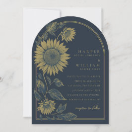 Elegant Arched Navy och Solros Bröllop Inbjudningar