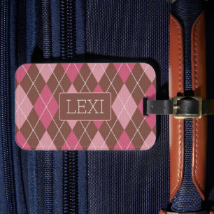 Elegant Argyle Rosa & Brown med Namn eller Initial Bagagebricka