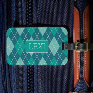 Elegant Argyle Teal och Aqua med Namn eller Initia Bagagebricka
