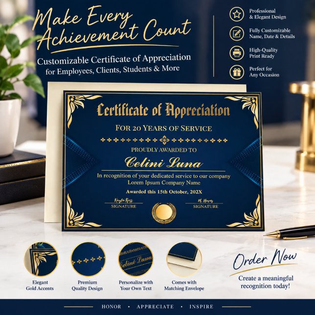 Elegant Års tjänstgöringscertifikat - Royalblå (Elegant Years of Service Certificate - Royal Blue & Gold)
