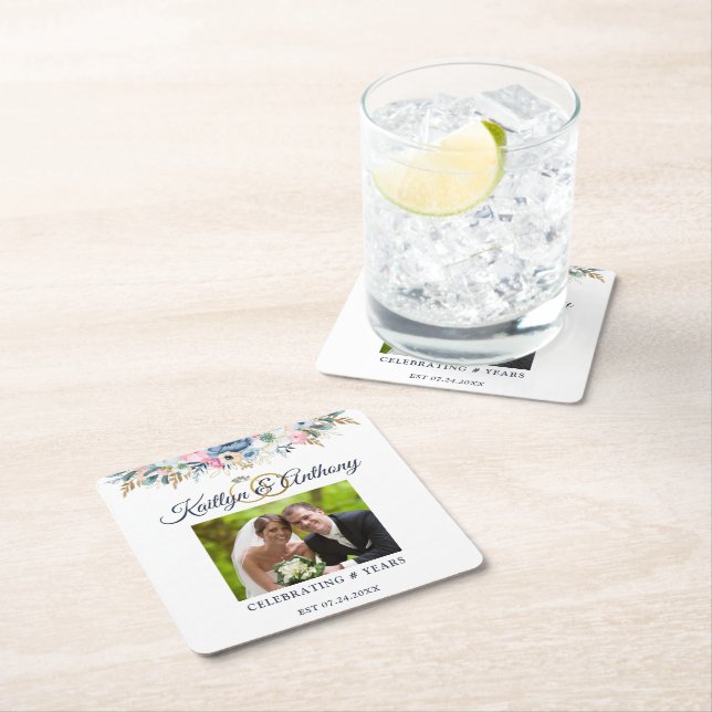 Elegant-årsdag - Blommigt för vattenfärg - fotopri Underlägg Papper Kvadrat (Insitu)