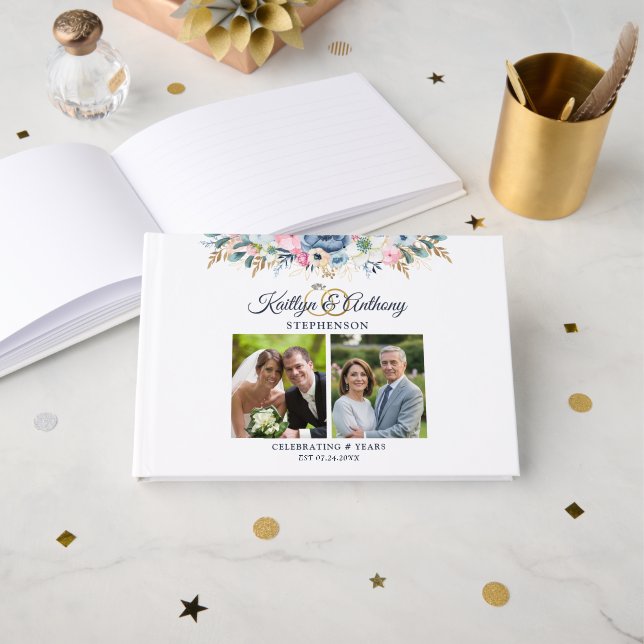 Elegant Årsdag - vattenfärgsbild Blommigt 2 Foton Gästböcker (Framsida öppen)