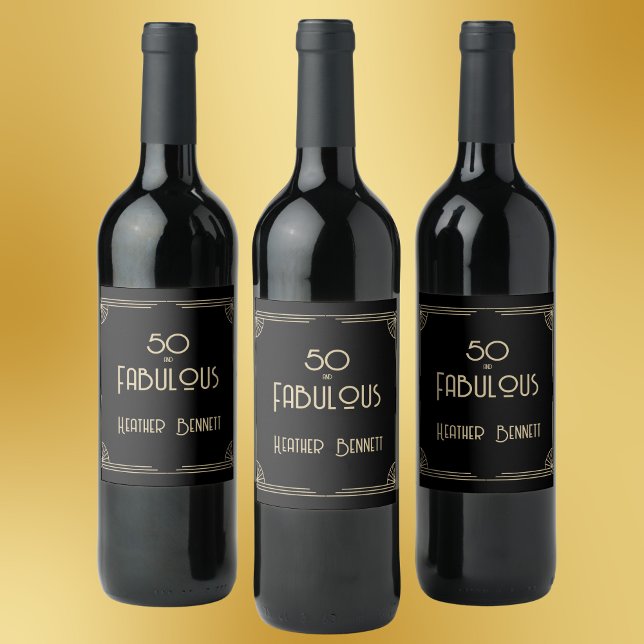 Elegant Art Deco 50 and Fabulous Birthday  Vinflaska Etikett (Skapare uppladdad)