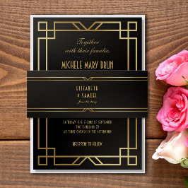 Elegant Art Deco Black Guld Bröllop Namn Band För Inbjudningskort