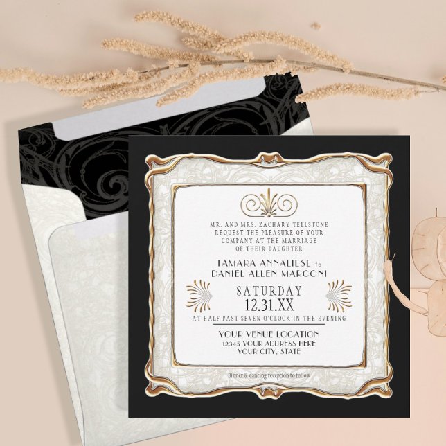Elegant Art Deco Black Guld Nouveau Gatsby Bröllop Inbjudningar (Skapare uppladdad)