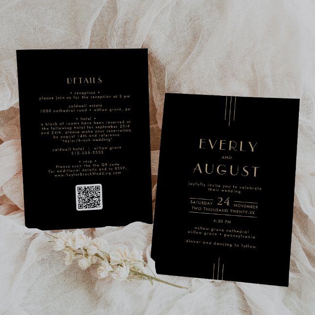 Elegant Art Deco Black Guld QR-koden Bröllop Inbjudningar (EVERLY Elegant Art Deco Black Gold QR Code Wedding Invitation)