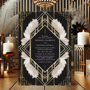 Elegant Art Deco Black och Guld Feather Bröllop Inbjudningar