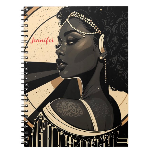 Elegant Art Deco Black Woman Flapper Personlig Anteckningsbok (Framsidan)