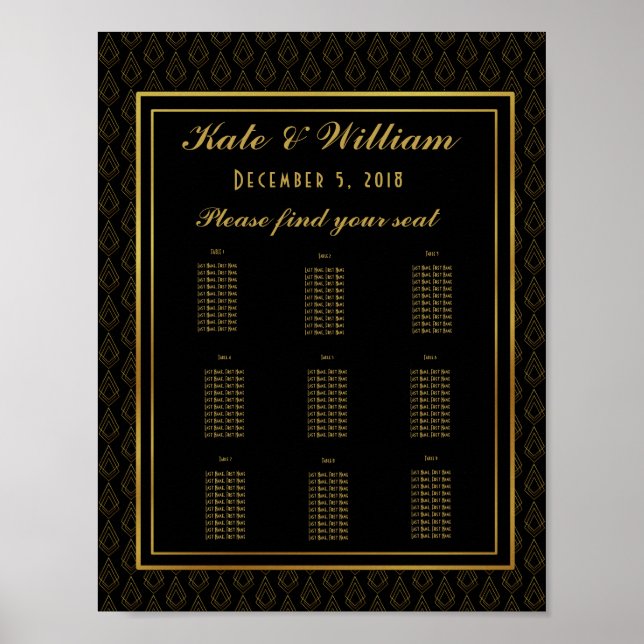 Elegant art deco Bord plan party/bröllop Poster (Framsidan)